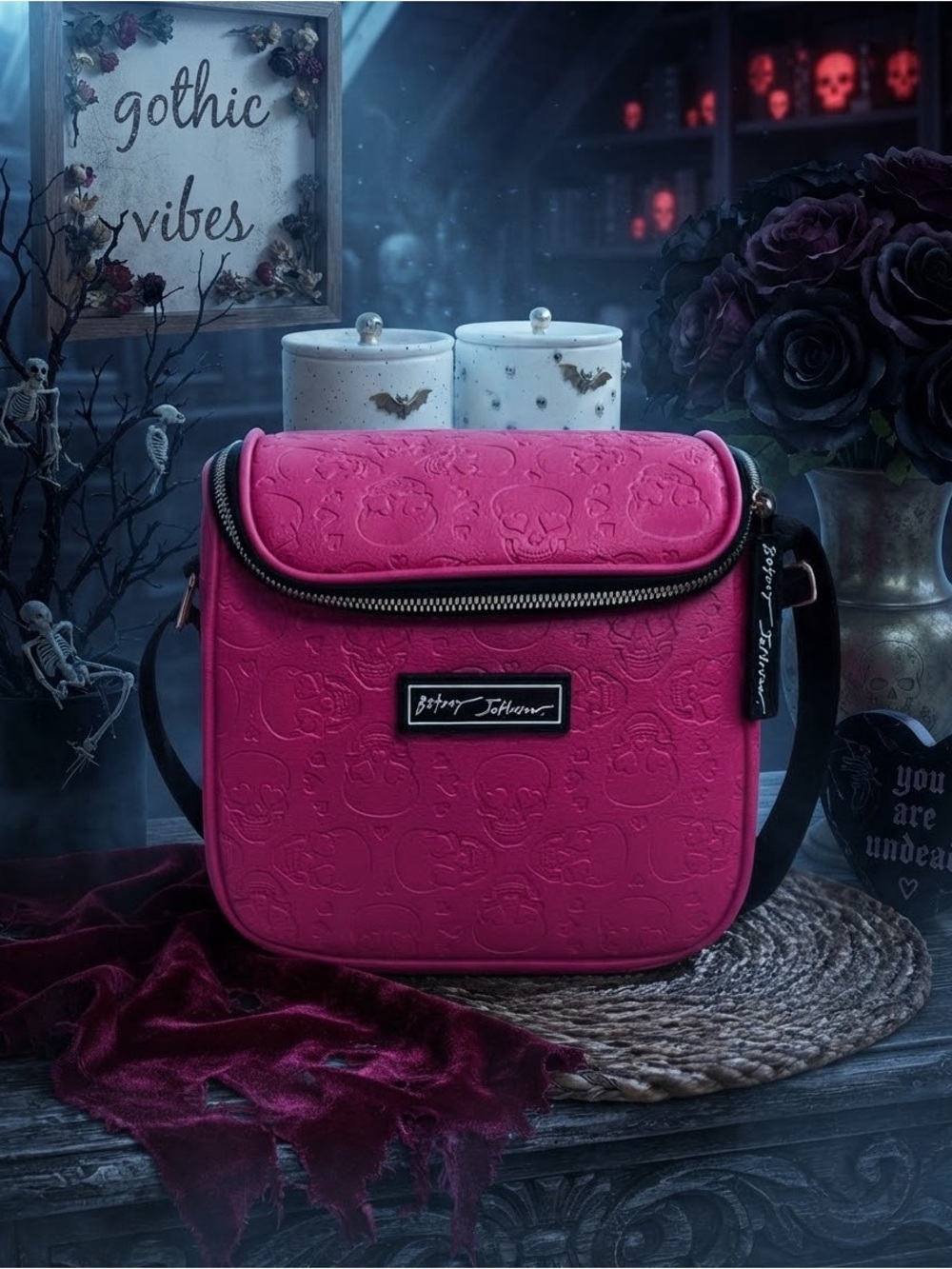 Betsey Johnson Hot Pink Embossed Skull Insulated Lunch Bag